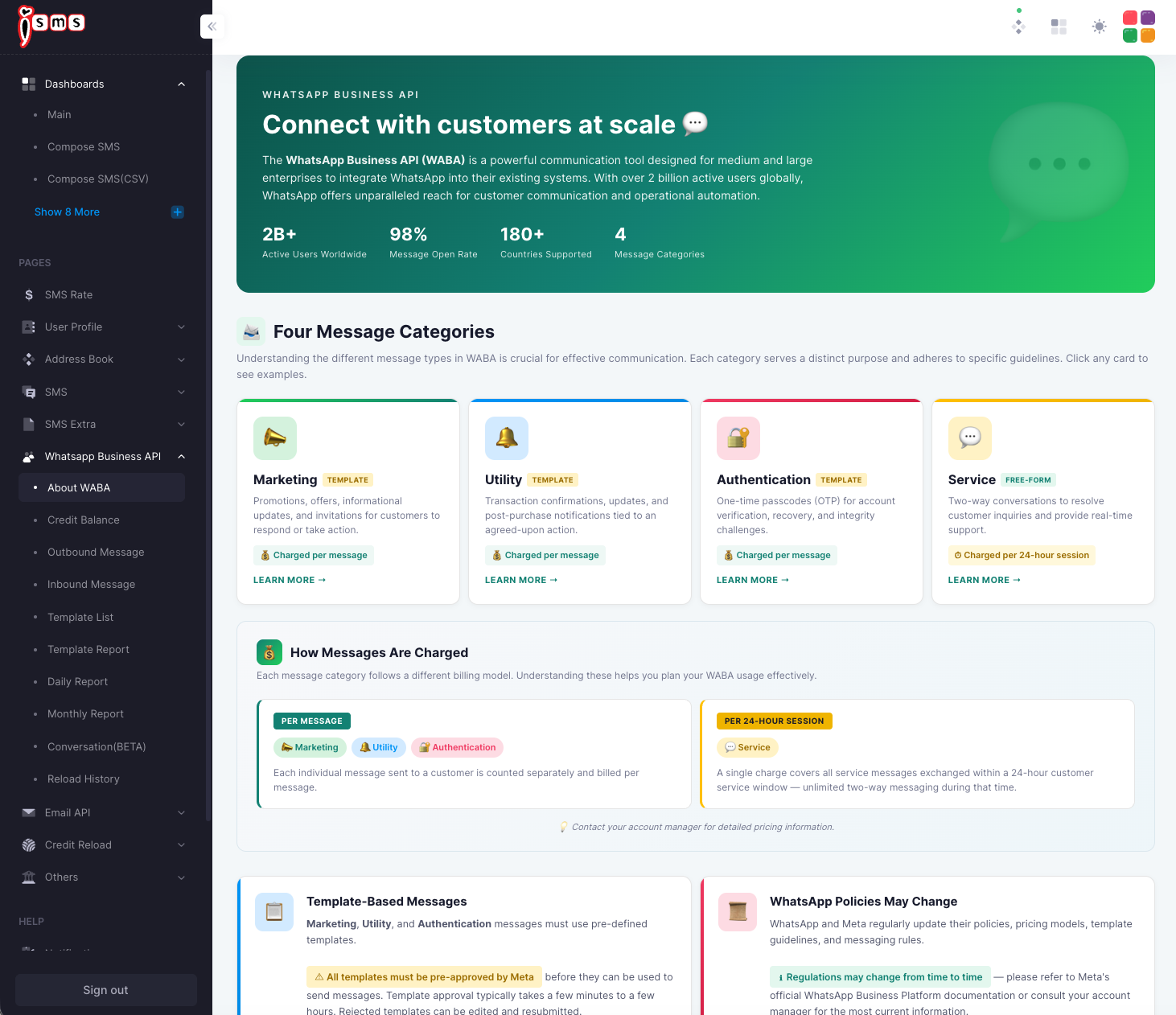 The iSMS About WABA page: WhatsApp Business API overview, the four message categories, and how messages are charged.