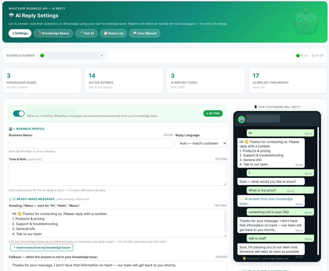 The AI Reply Settings page: business number selector, summary cards, the AI on/off switch, business profile, ready-made greeting and fallback messages, and a live preview of how customers will see the chat.