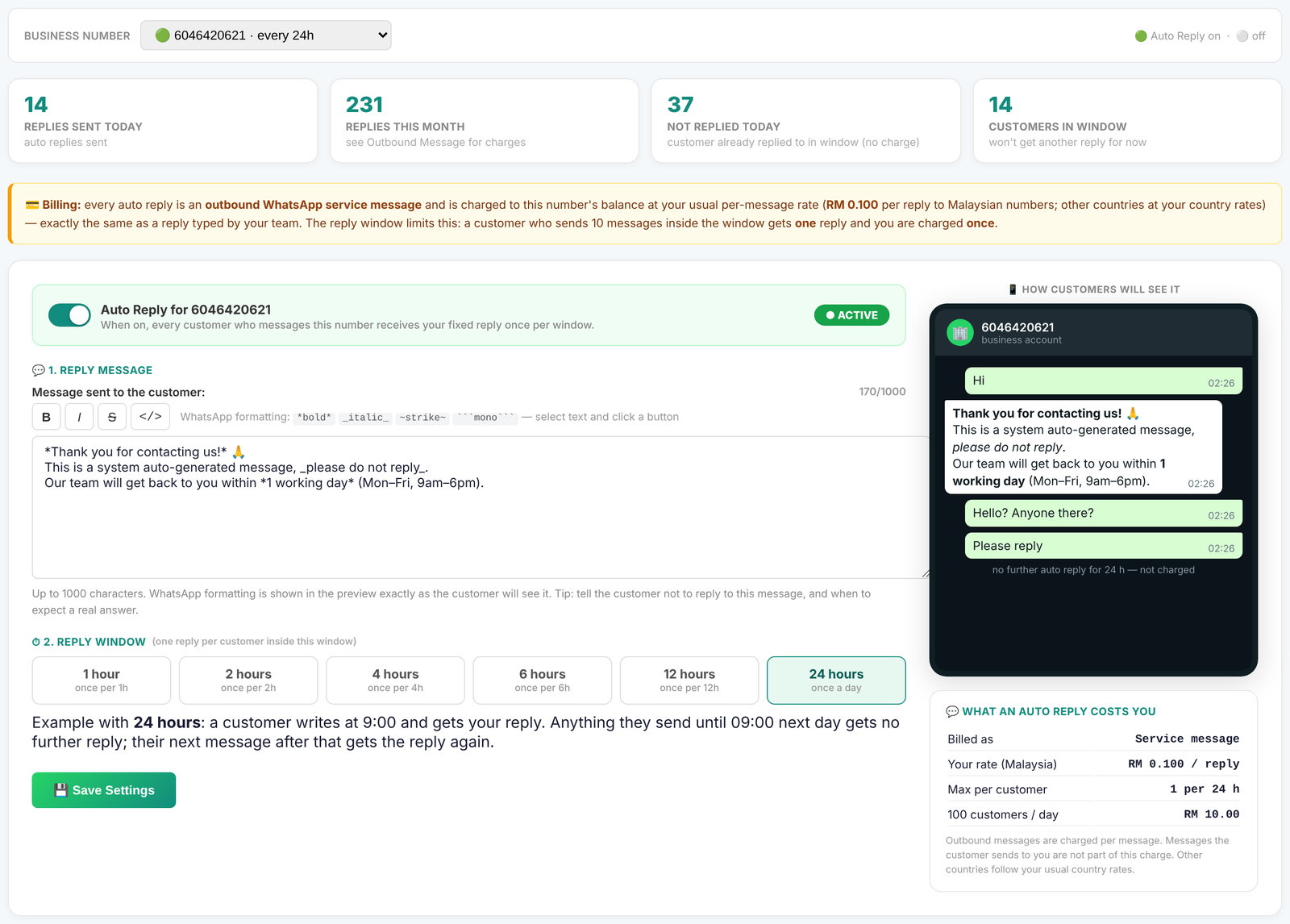 The iSMS WhatsApp Auto Reply page: business number picker, four summary cards, the billing note, the on/off switch, the reply message box with B, I, S and code formatting buttons, the six reply-window buttons from 1 hour to 24 hours, Save Settings, a phone preview of the reply and a cost card.