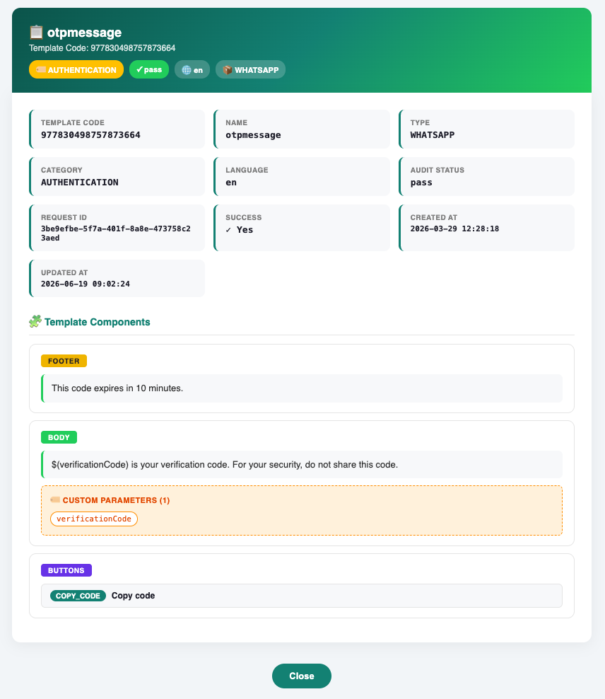 An iSMS WhatsApp template detail view showing template code, category, audit status, and components: footer, body with a variable, and a copy-code button.