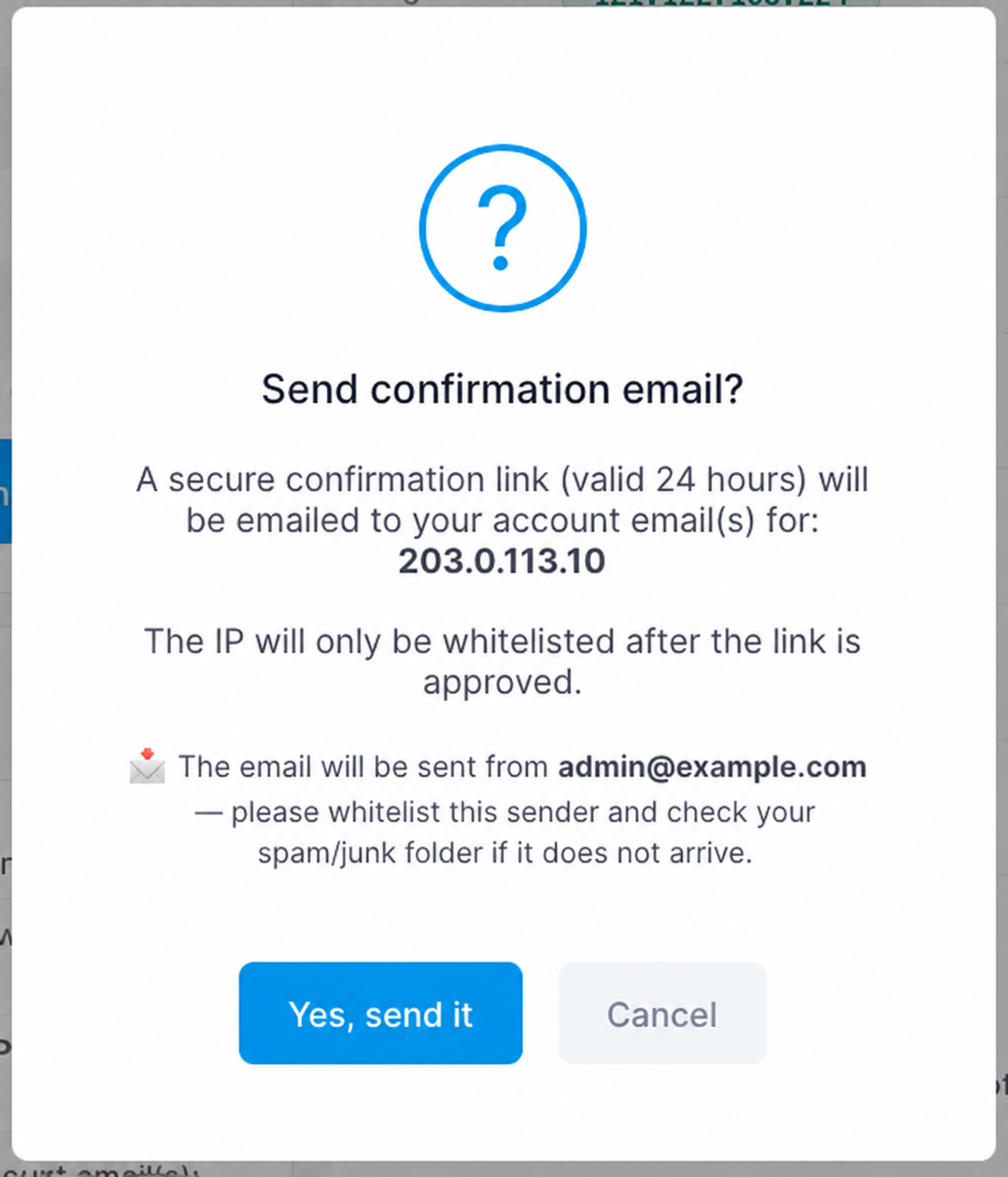 The Send confirmation email dialog: a secure 24-hour link will be emailed to the account email addresses, and the IP is only whitelisted after the link is approved.